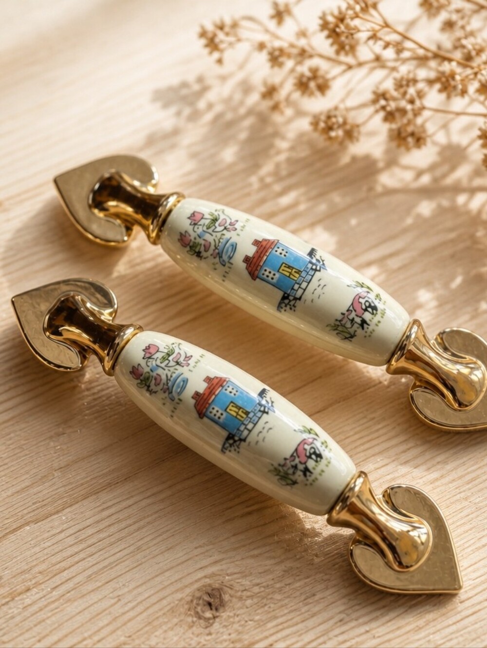 Set of 6 Vintage Belwith Heartland Porcelain Brass Drawer Pulls NOS
